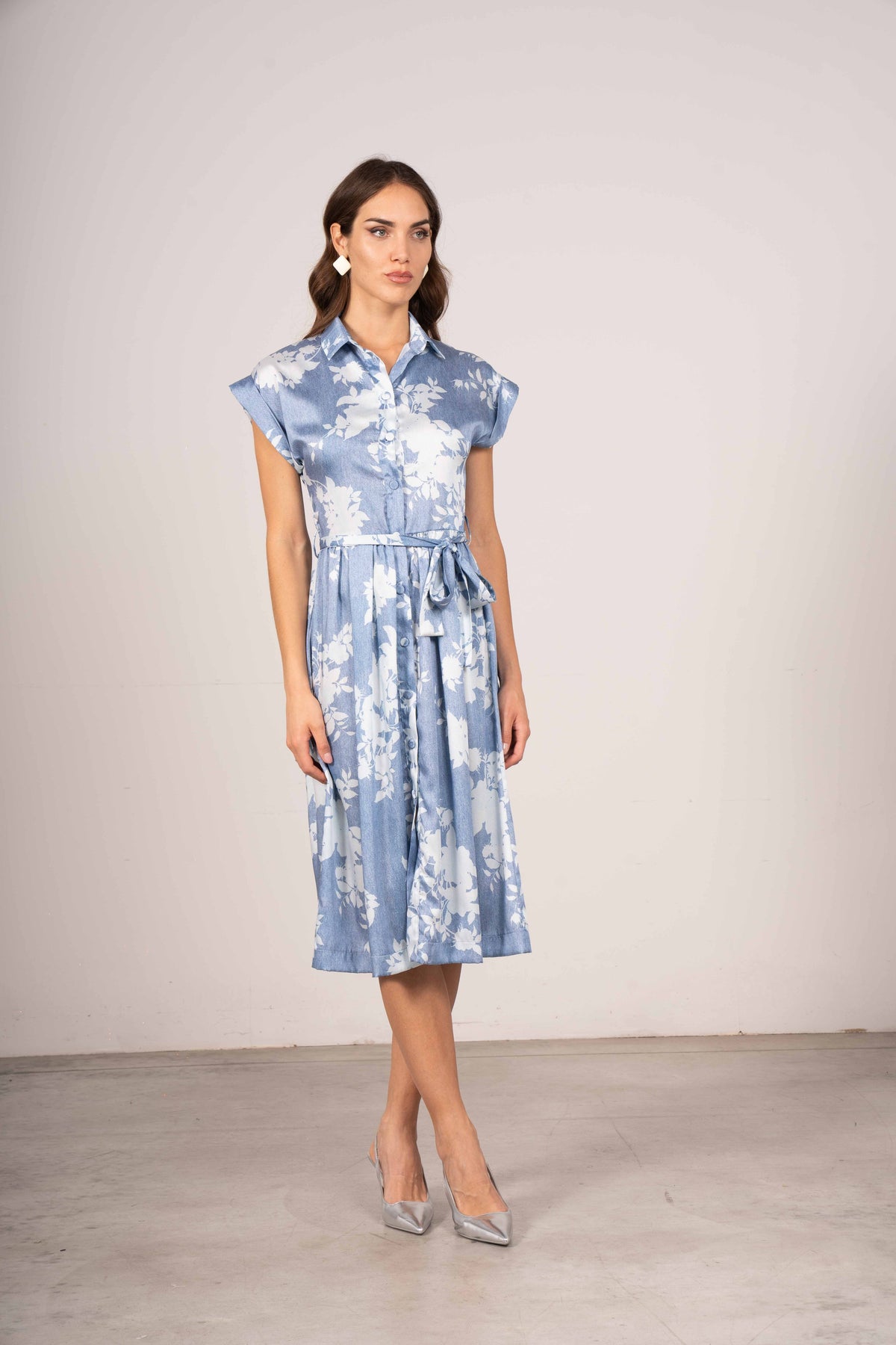 Abito chemisier con stampa effetto denim