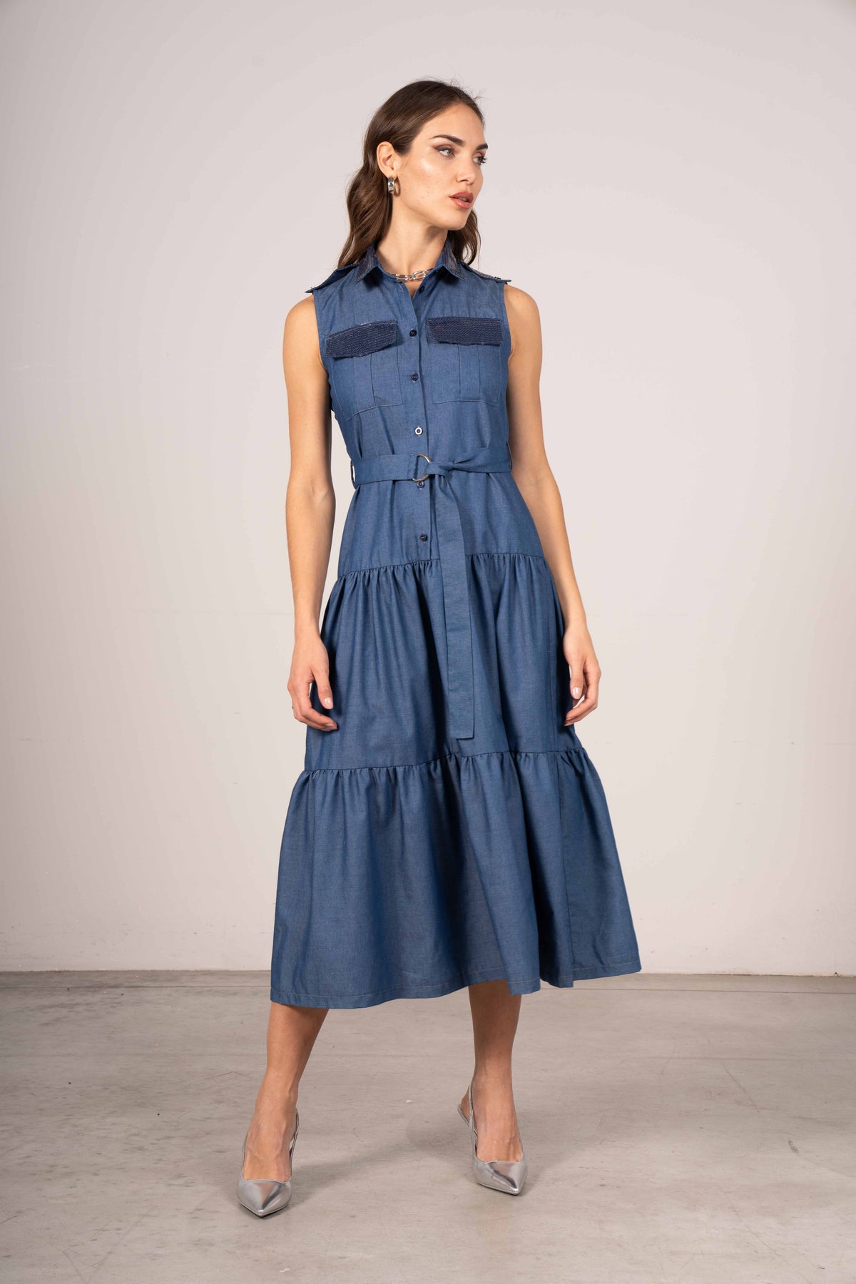 Abito chemisier con stampa effetto denim