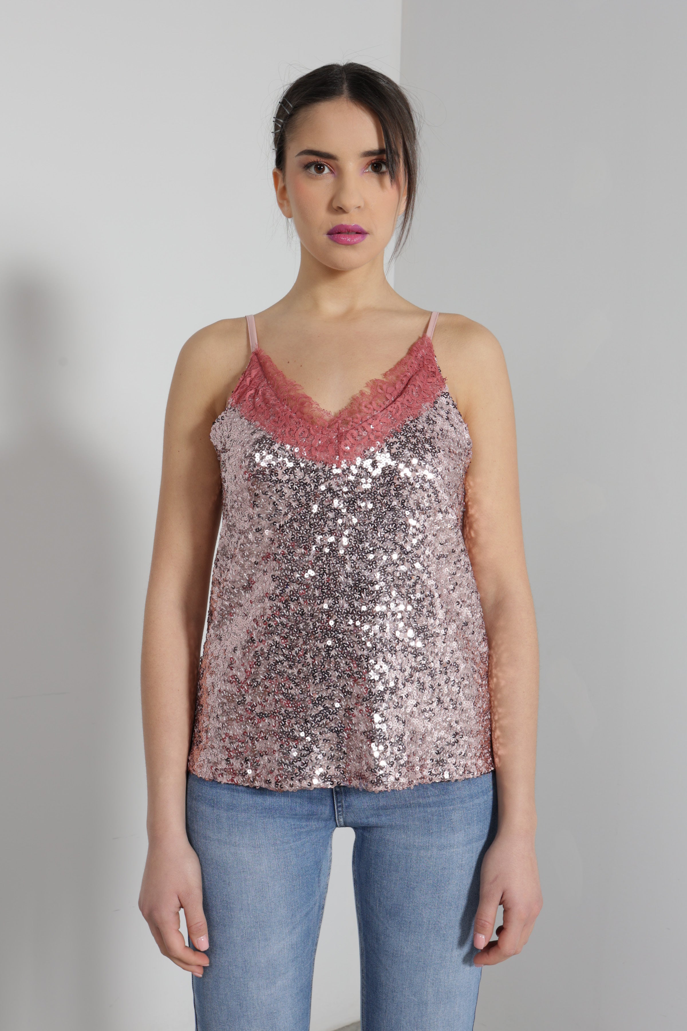 Top paillettes con pizzo