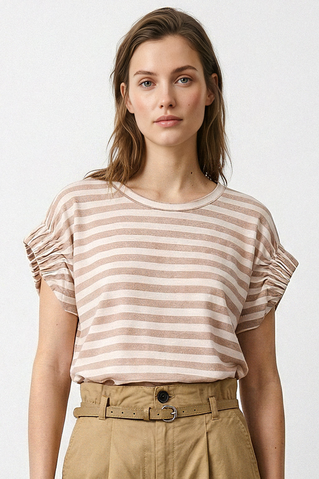 Top righe lurex maniche arriccio