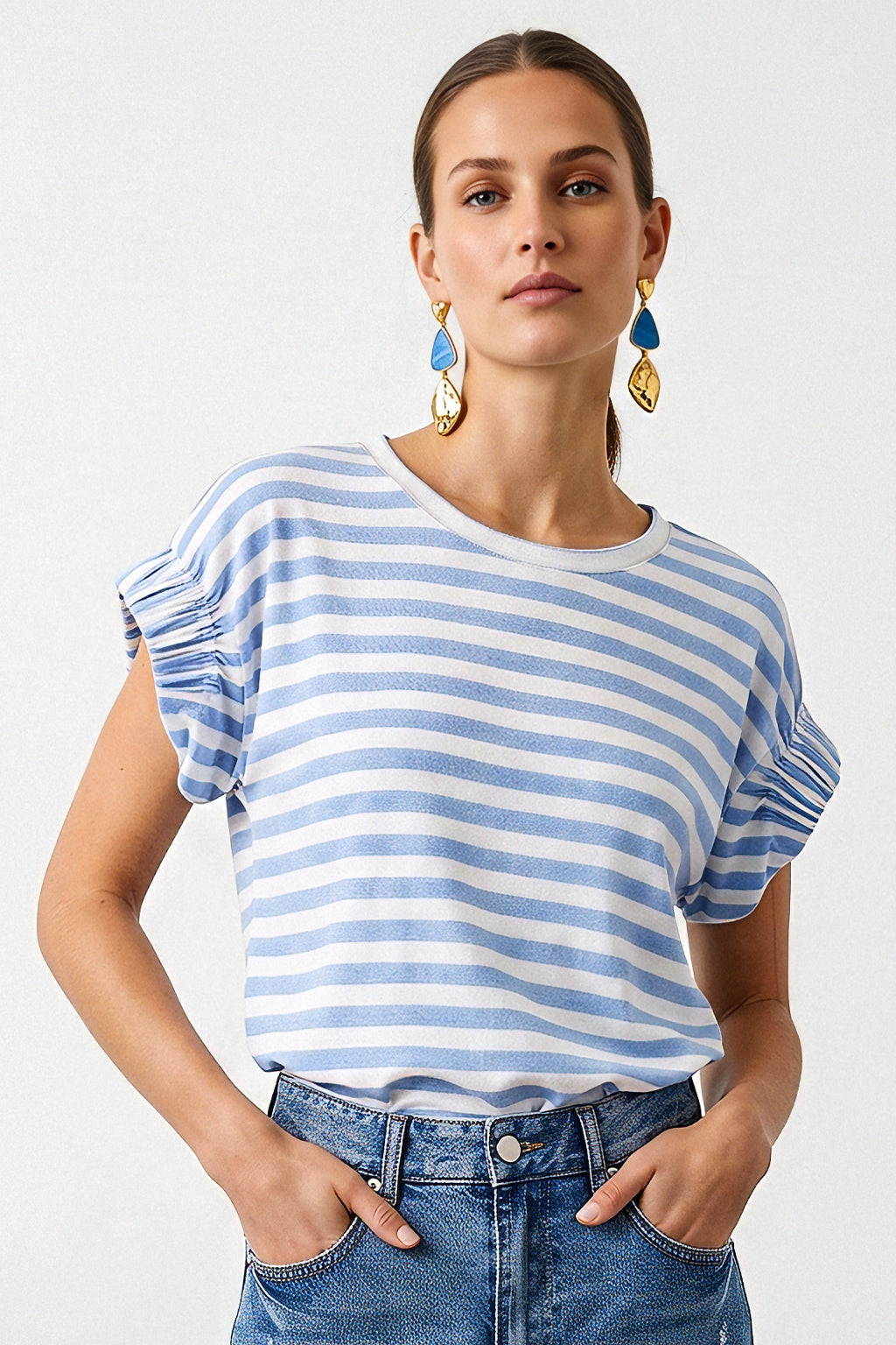 Top righe lurex maniche arriccio
