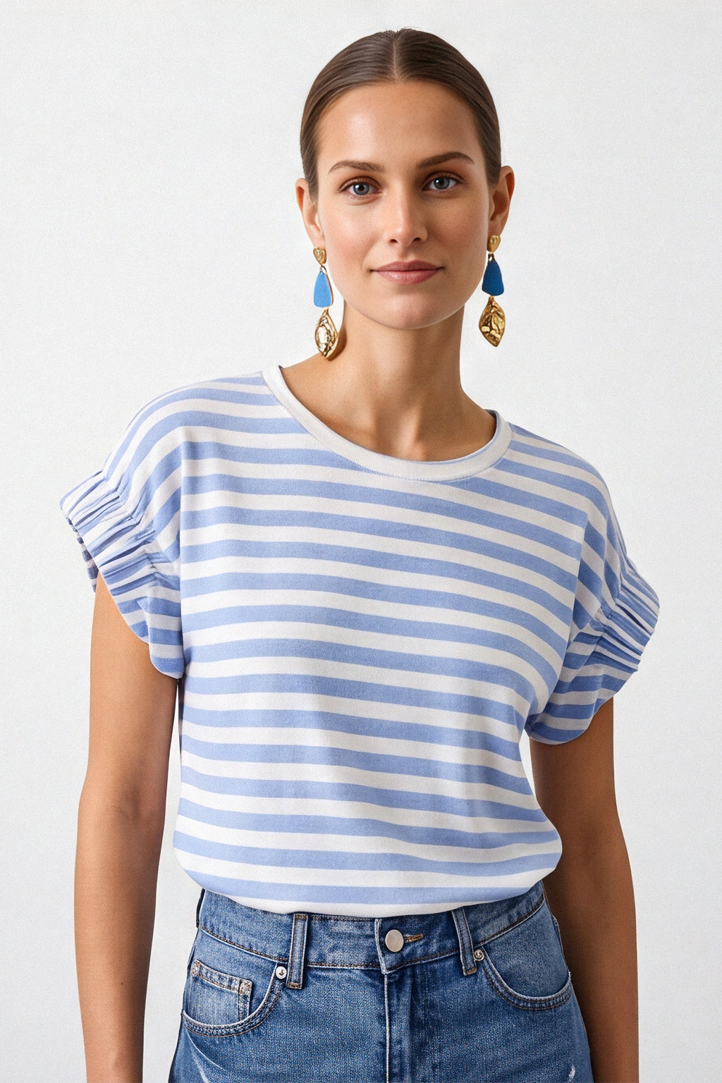 Top righe lurex maniche arriccio