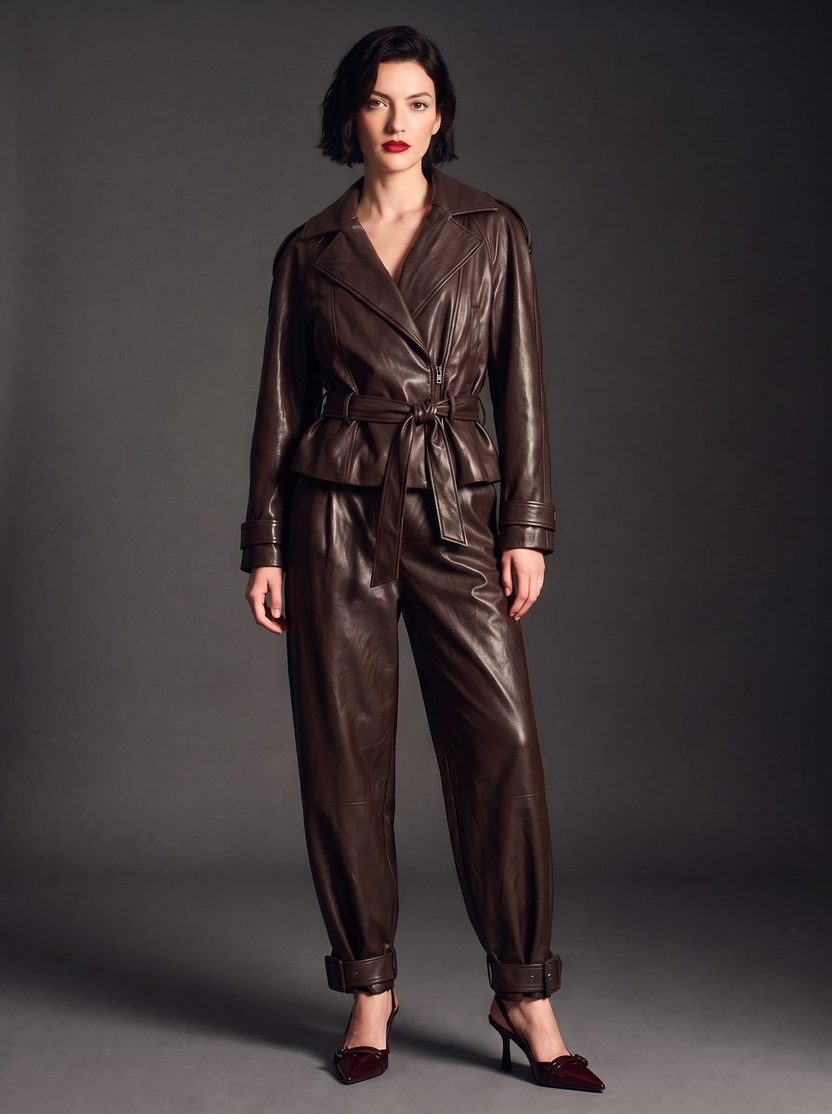 Pantaloni ecopelle con fibbie alla caviglia