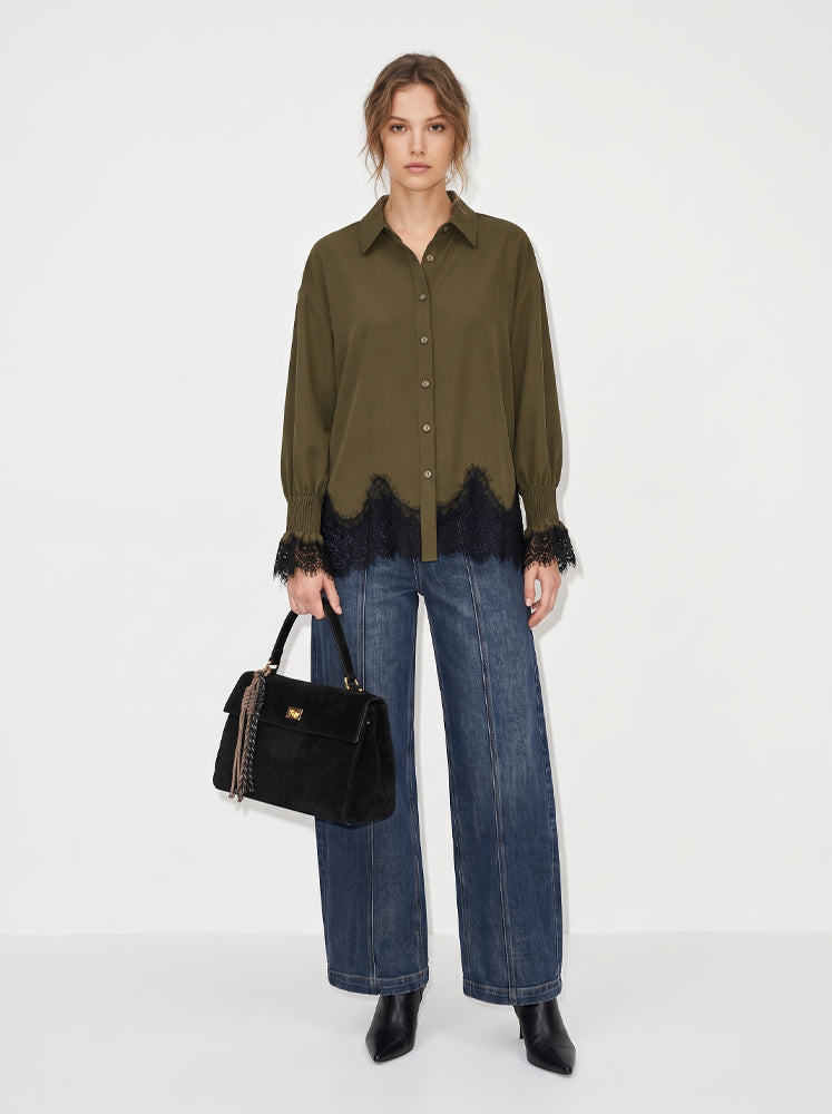 Camicia bordo in pizzo e polsini punto smock