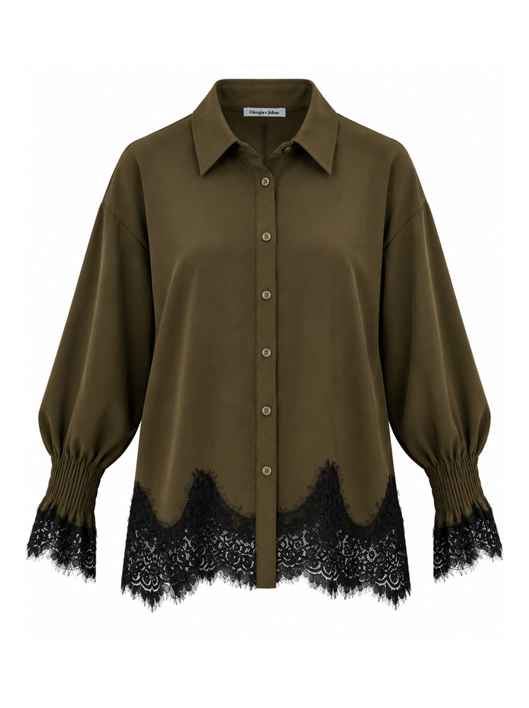 Camicia bordo in pizzo e polsini punto smock