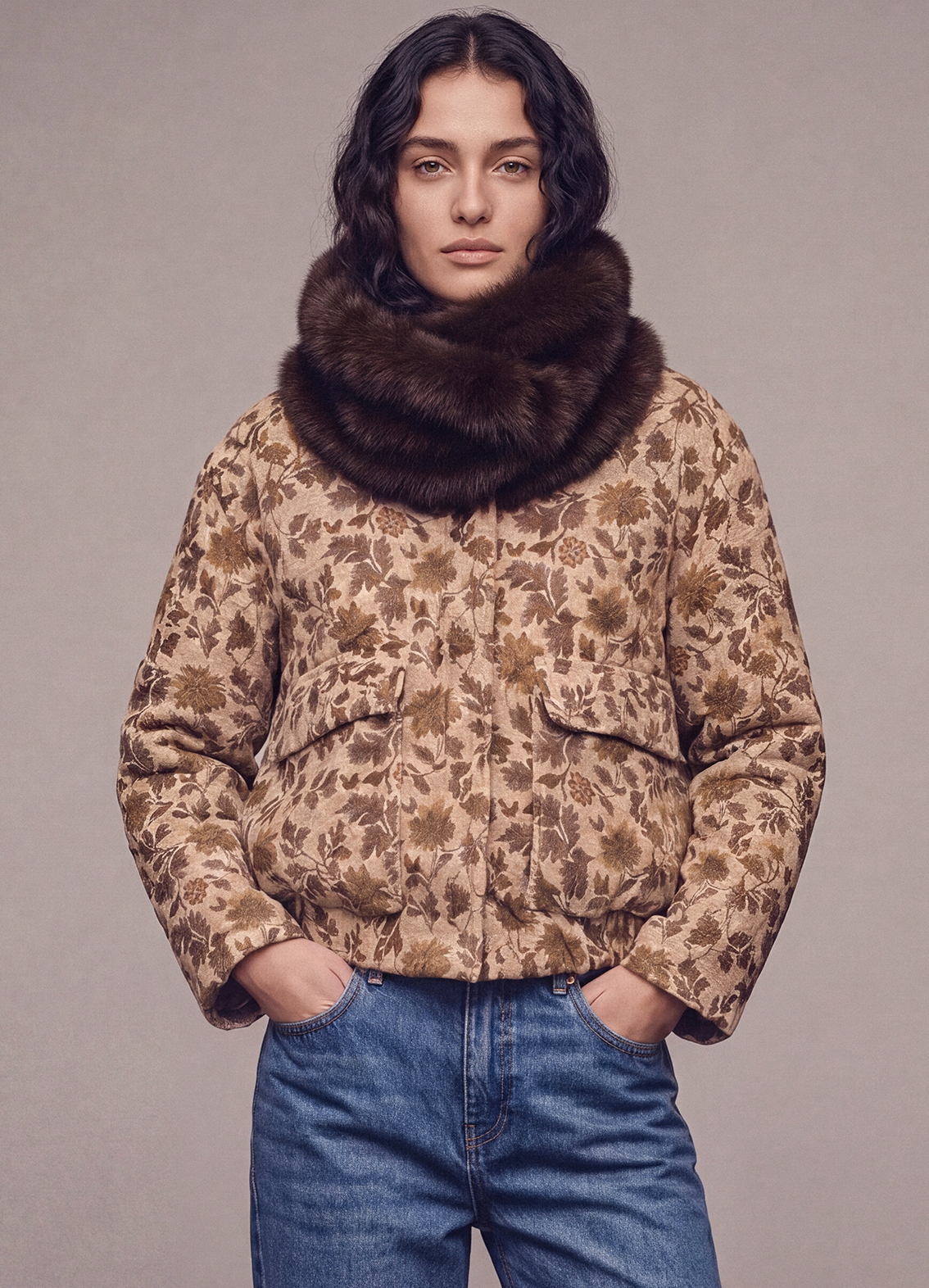 Bomber broccato collo ecopelliccia