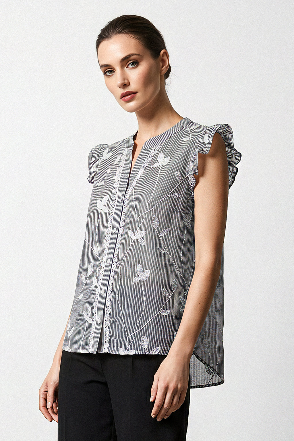 Blusa smanicata righe con rouches