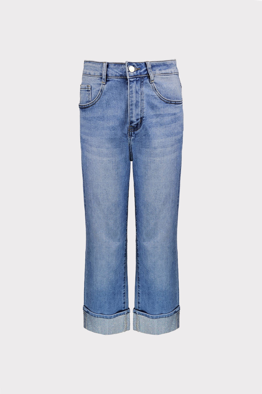 Jeans dritti con piega strass