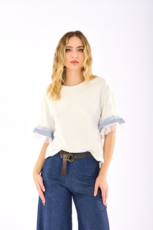 T-Shirt inserti riga e pizzo