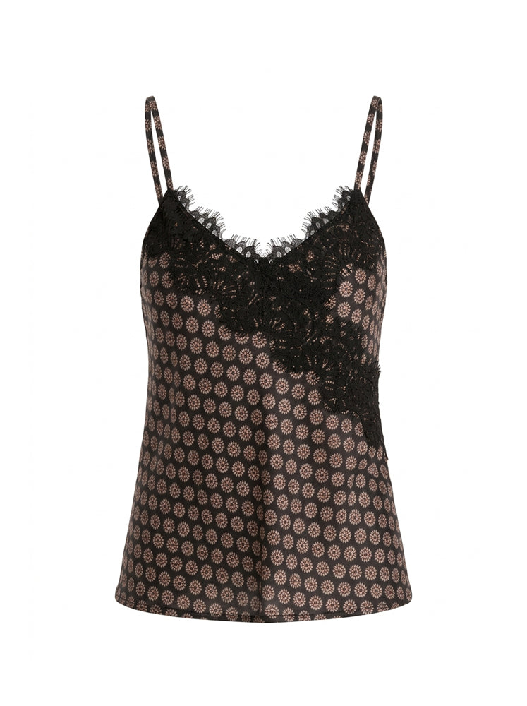 Top stampa geometrica con inserto pizzo