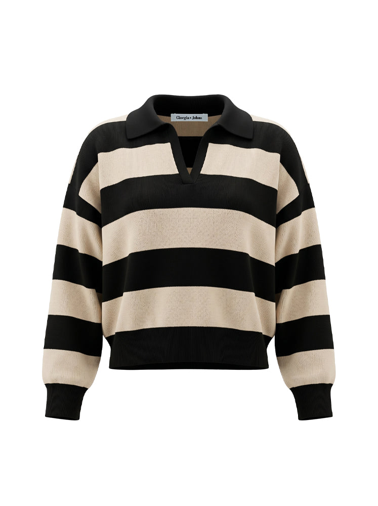 Maglia polo a righe scollo a V