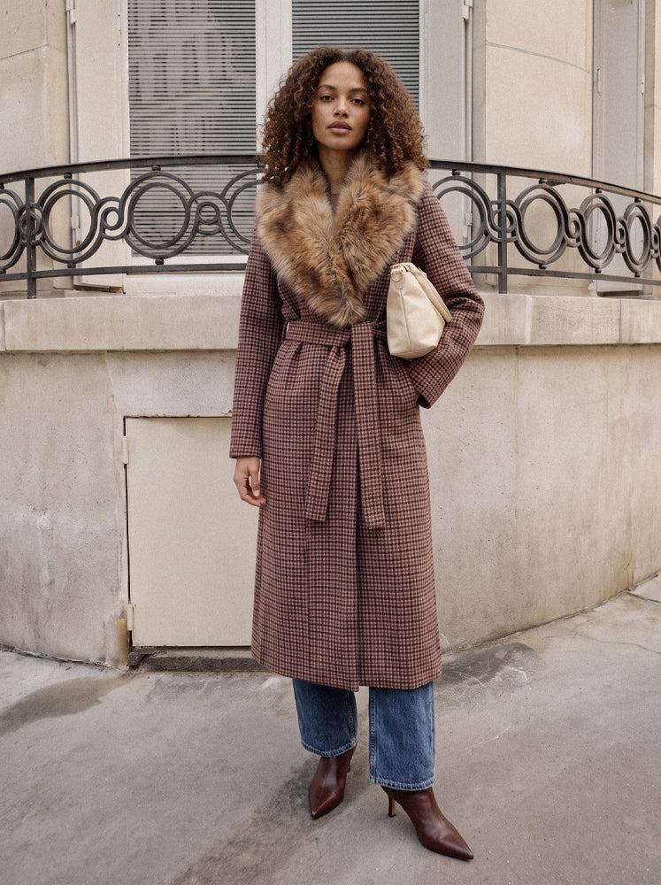 Cappotto lungo Pied de Poule maxi collo ecopelliccia