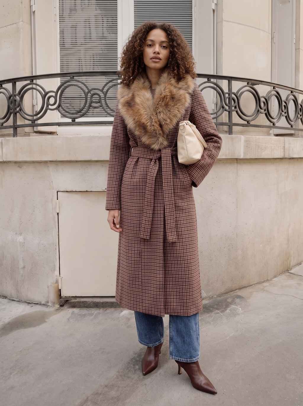 Cappotto lungo Pied de Poule maxi collo ecopelliccia
