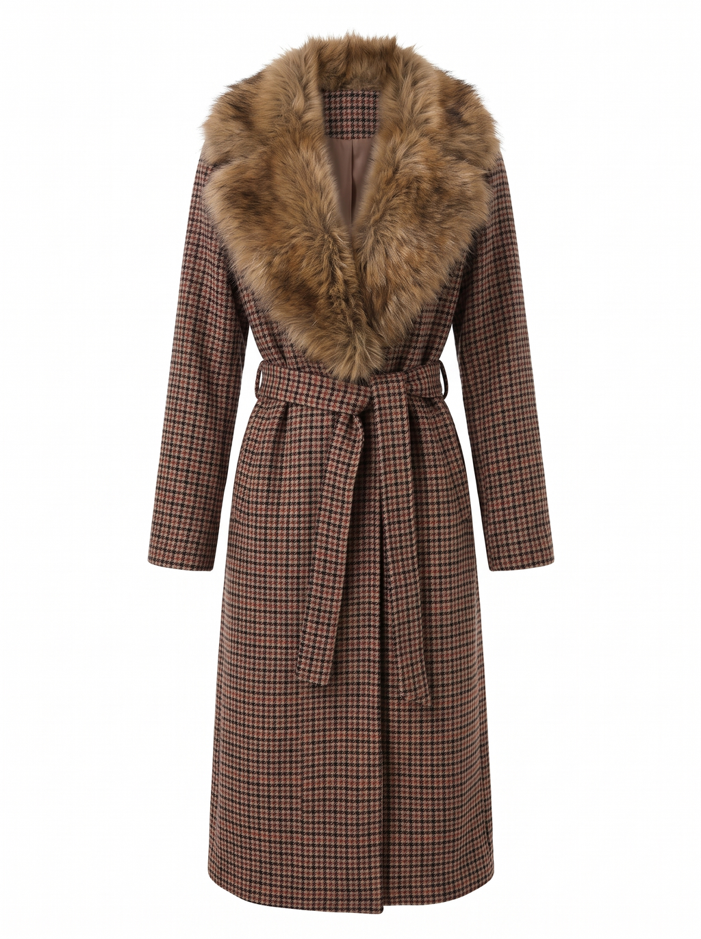 Cappotto lungo Pied de Poule maxi collo ecopelliccia