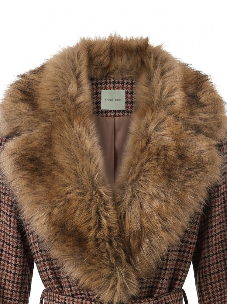 Cappotto lungo Pied de Poule maxi collo ecopelliccia