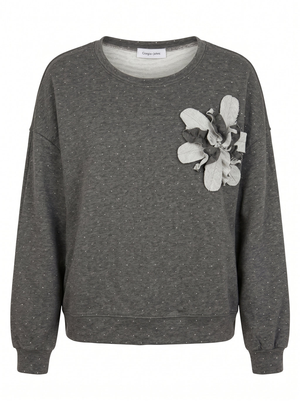 Felpa girocollo microstrass e fiore