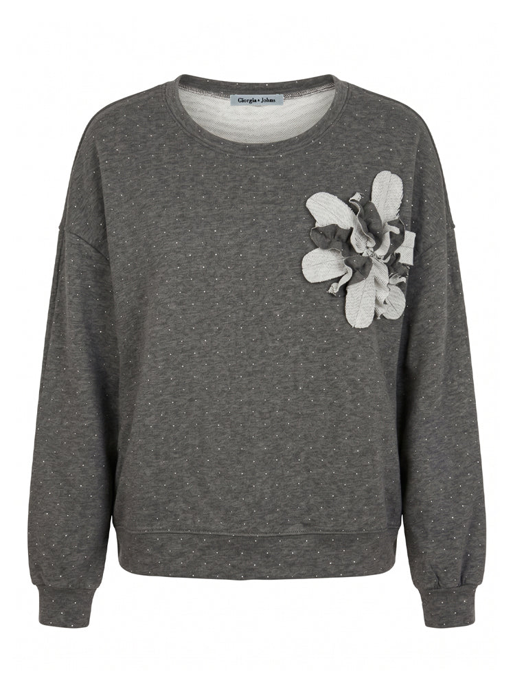 Felpa girocollo microstrass e fiore