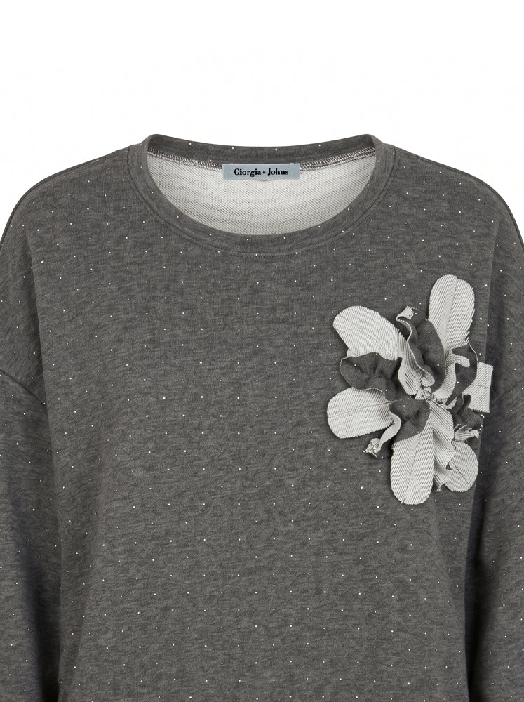 Felpa girocollo microstrass e fiore