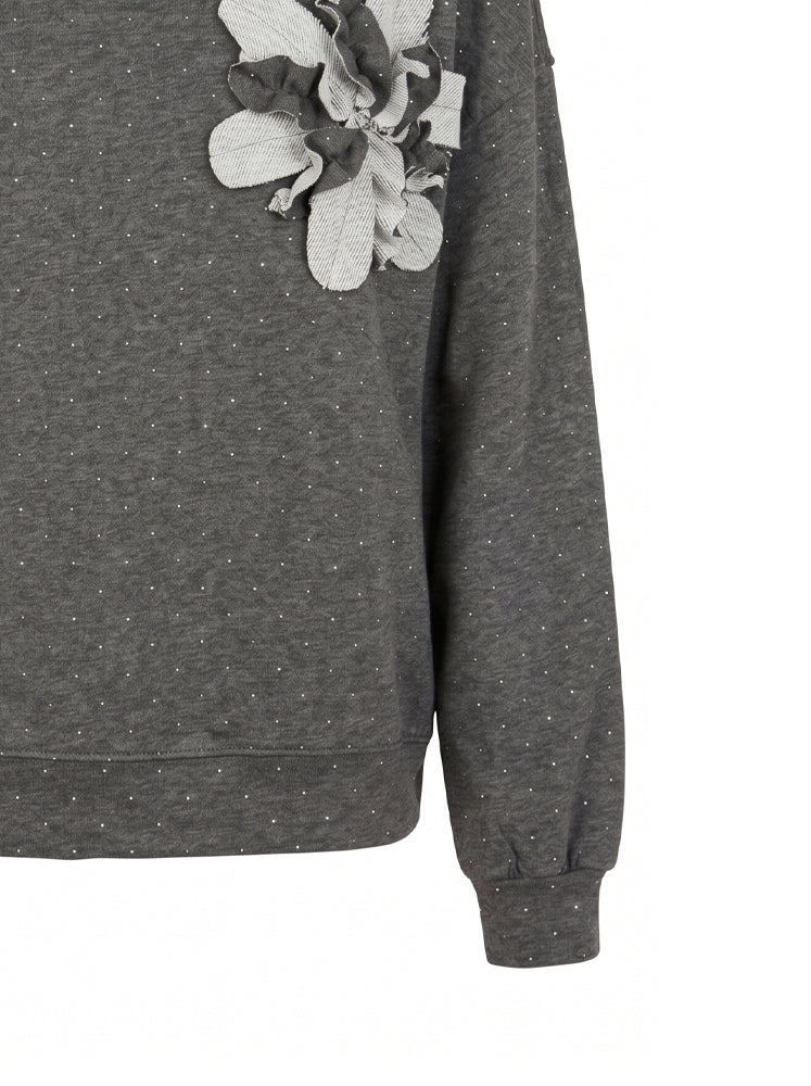 Felpa girocollo microstrass e fiore