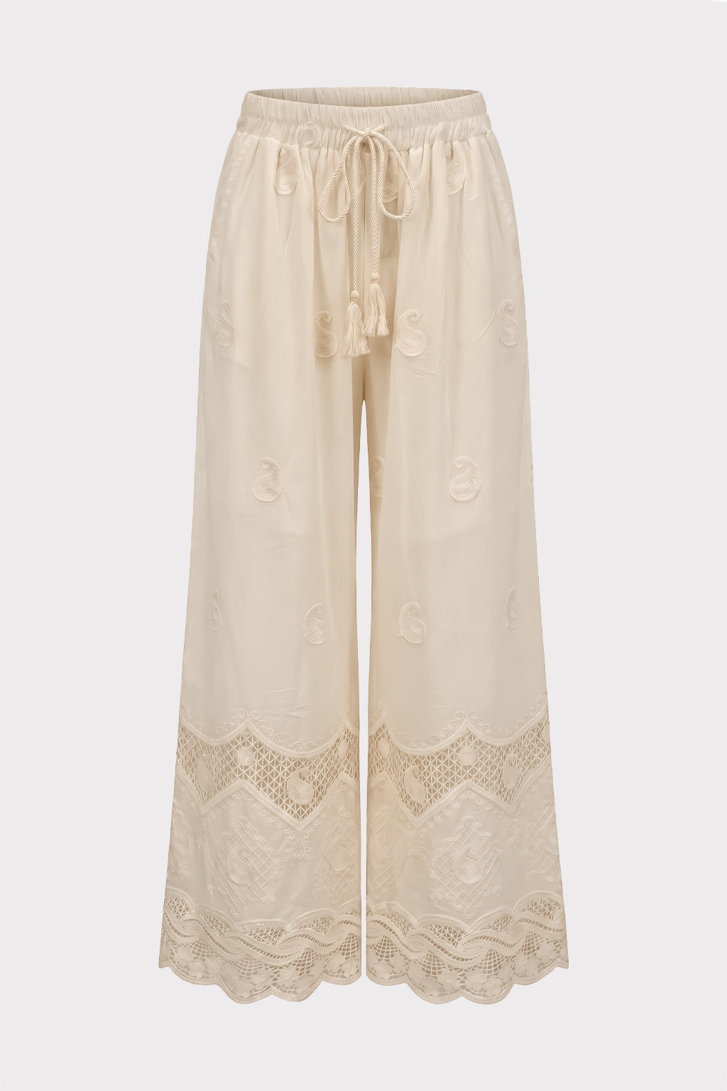 Pantaloni inserti pizzo e ricami
