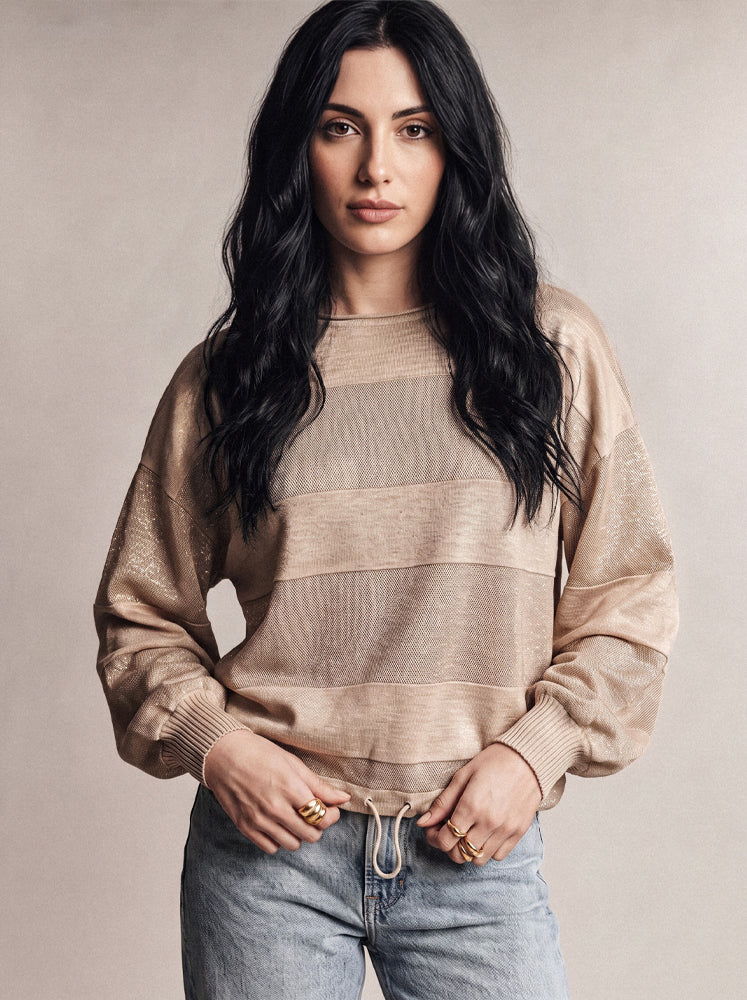Pullover girocollo texture riga e coulisse
