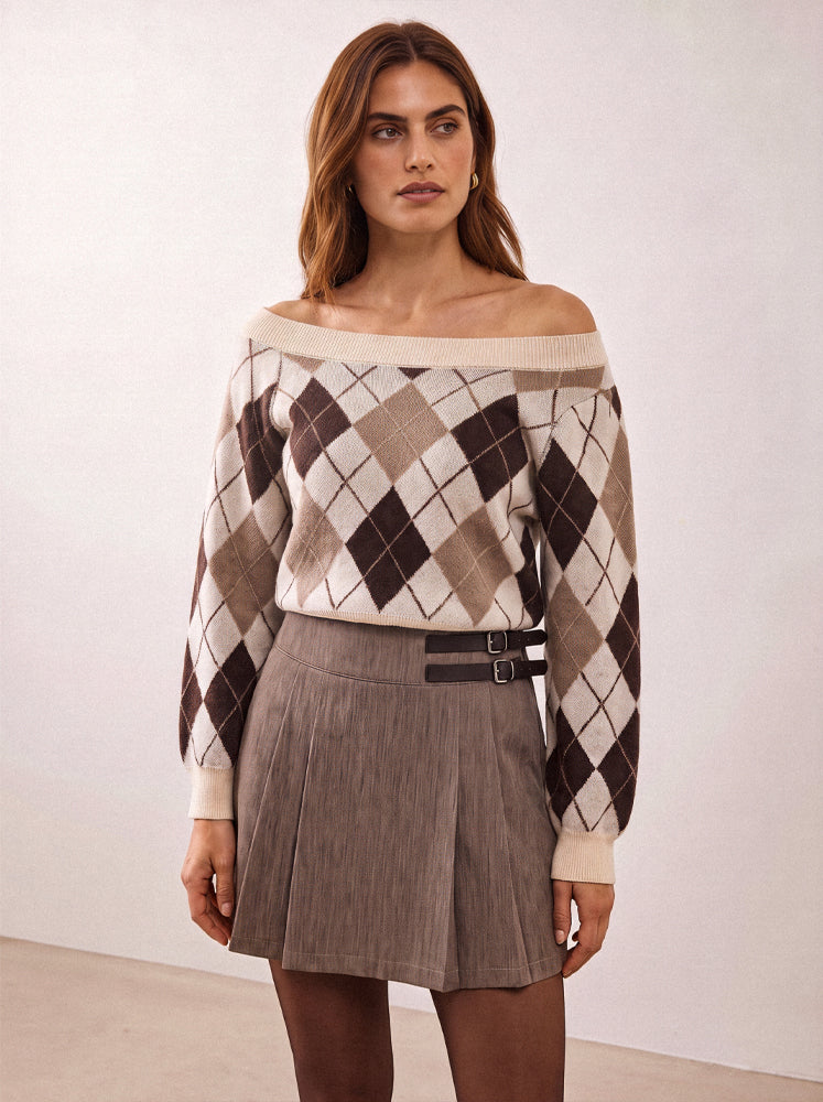 Pullover scollo ampio e trama rombi