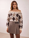 Pullover scollo ampio e trama rombi