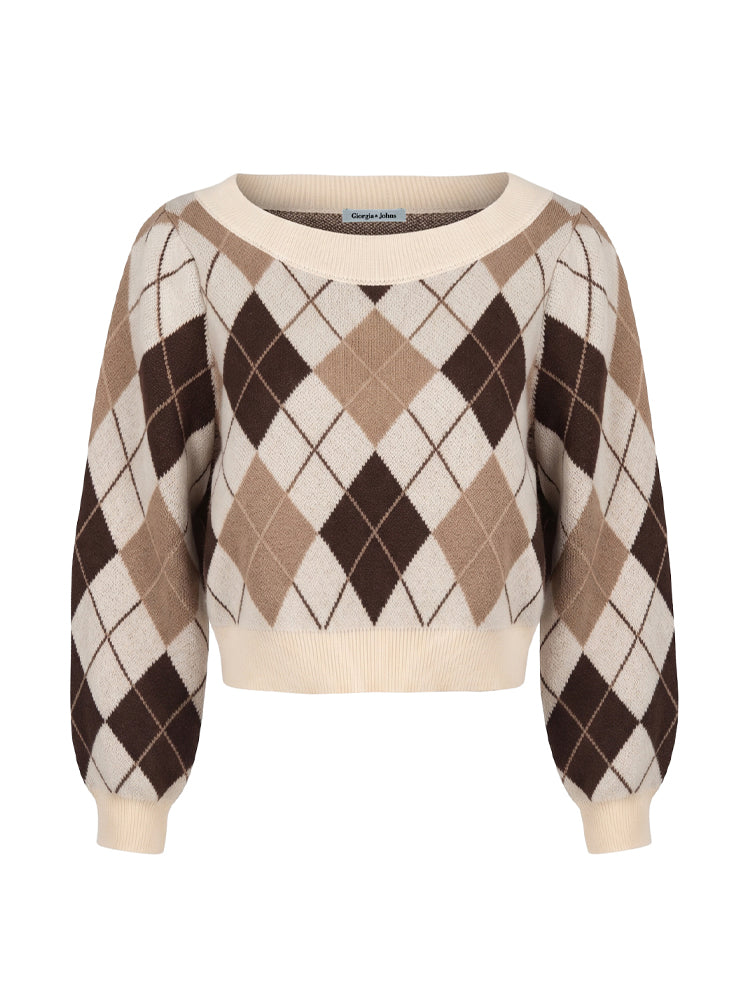 Pullover scollo ampio e trama rombi