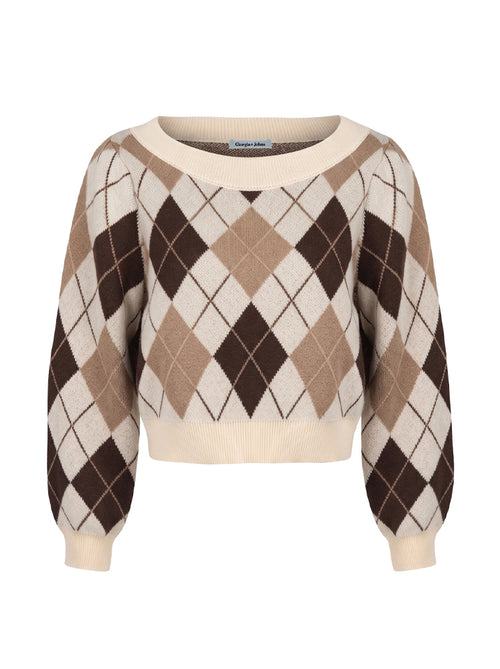 Pullover scollo ampio e trama rombi
