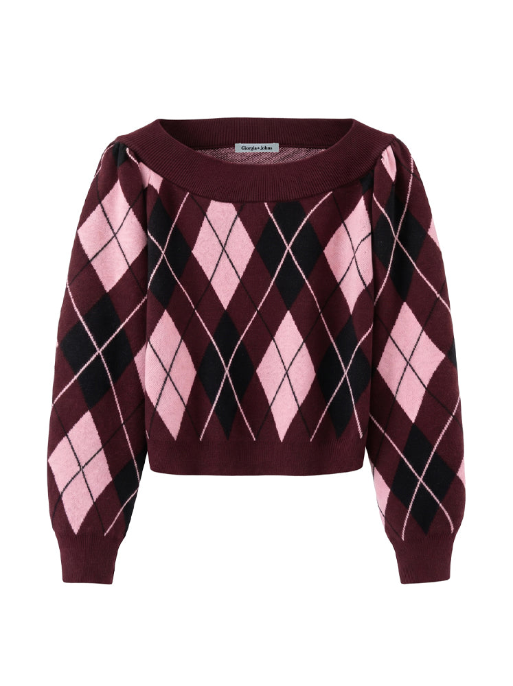 Pullover scollo ampio e trama rombi