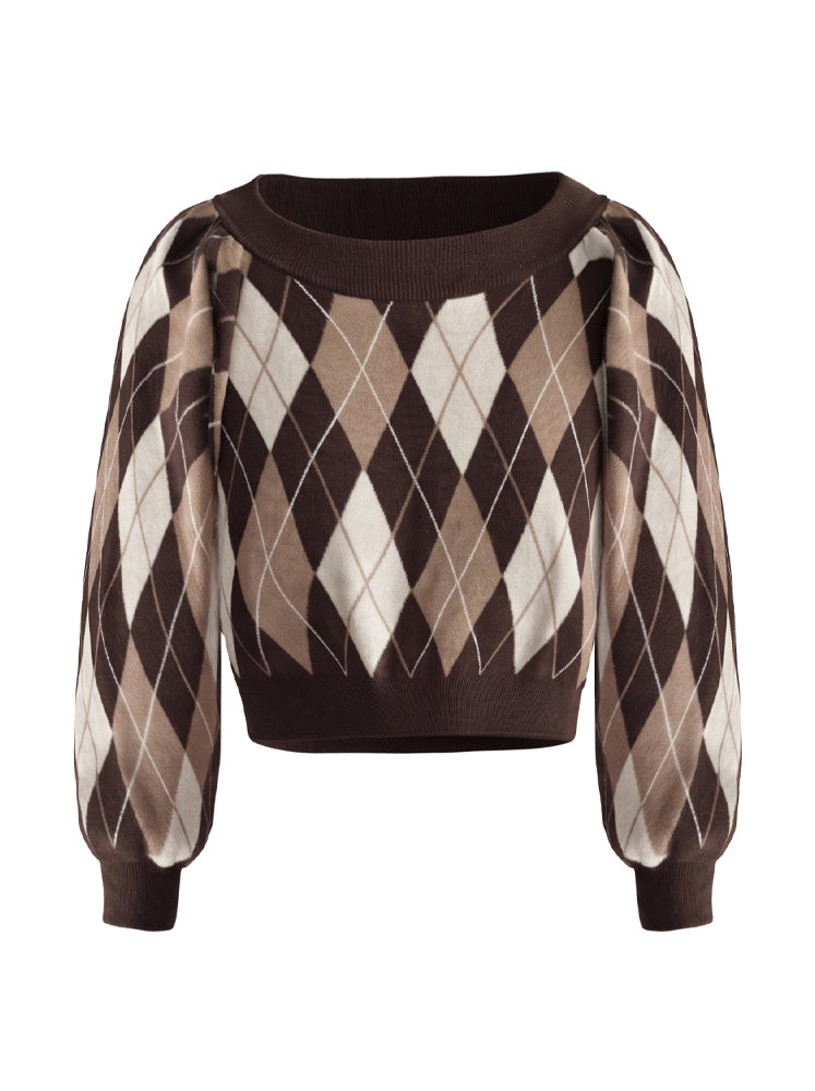 Pullover scollo ampio e trama rombi
