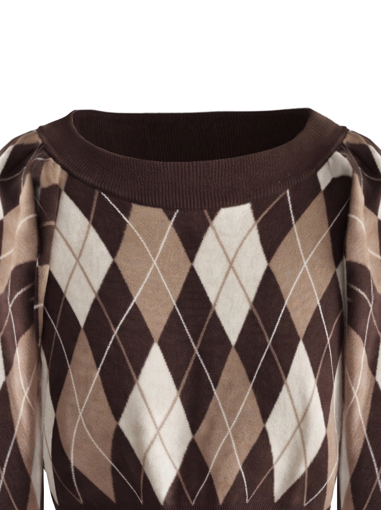 Pullover scollo ampio e trama rombi