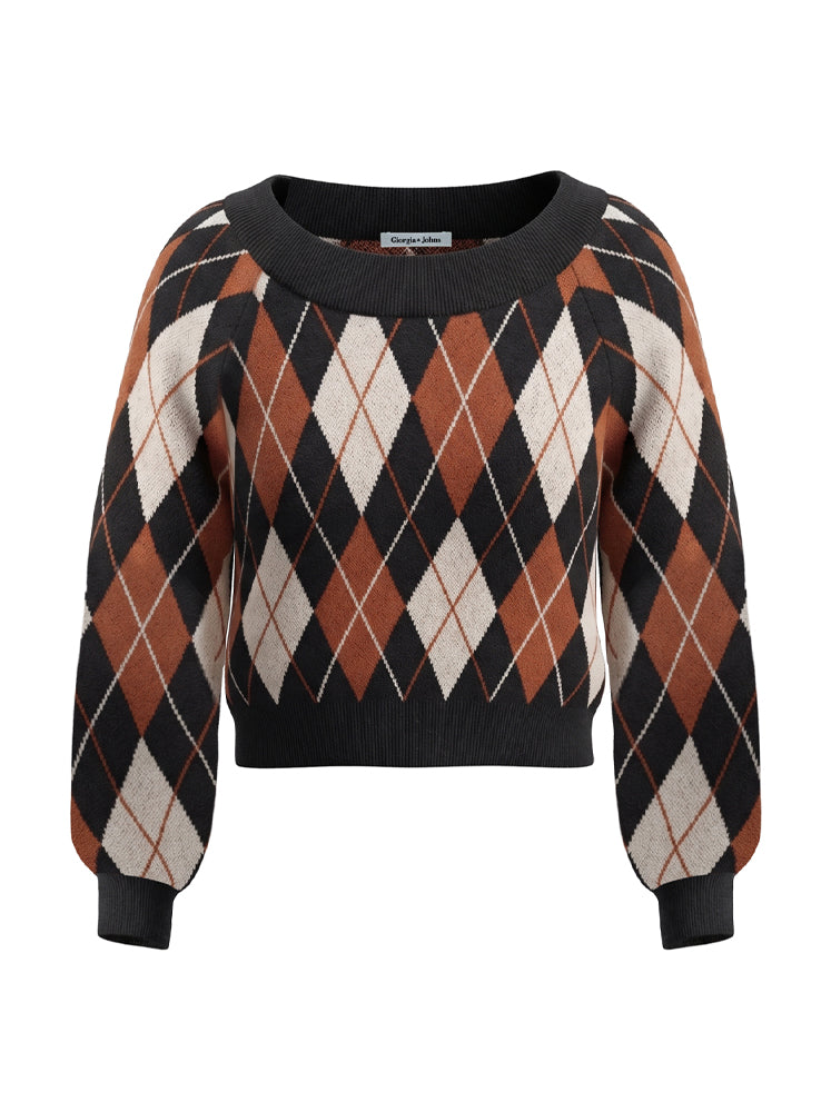 Pullover scollo ampio e trama rombi