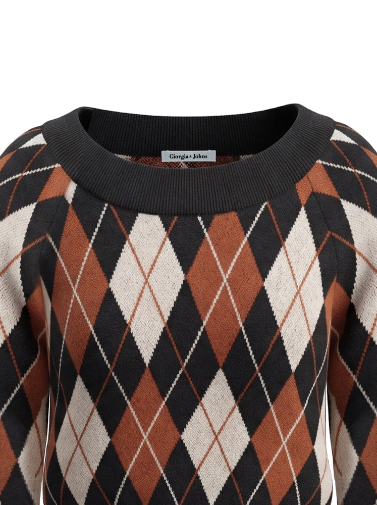Pullover scollo ampio e trama rombi