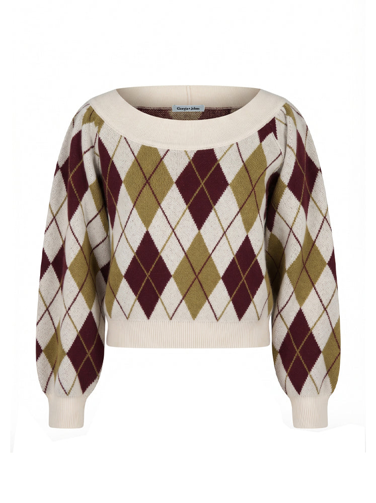 Pullover scollo ampio e trama rombi