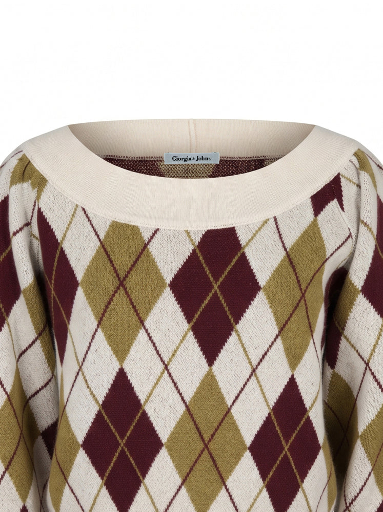 Pullover scollo ampio e trama rombi