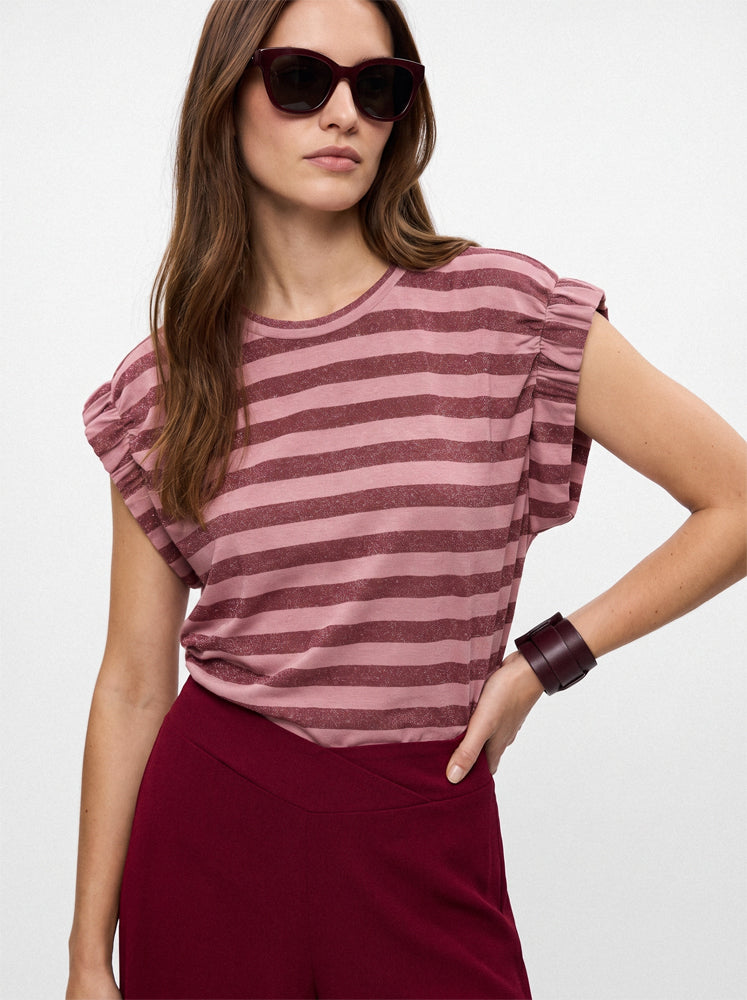 Top righe grandi lurex maniche arriccio