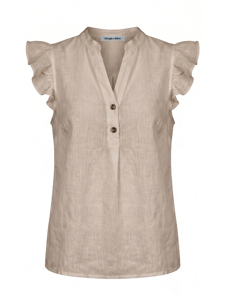 Blusa smanicata in lino con volant