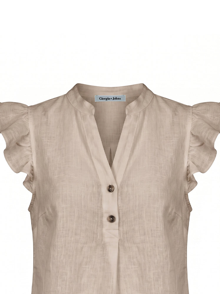Blusa smanicata in lino con volant