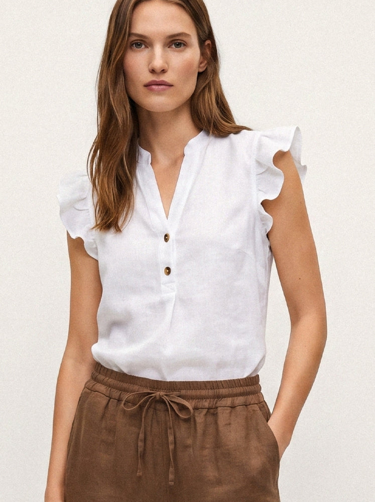 Blusa smanicata in lino con volant