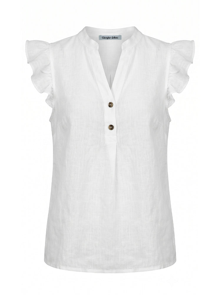Blusa smanicata in lino con volant