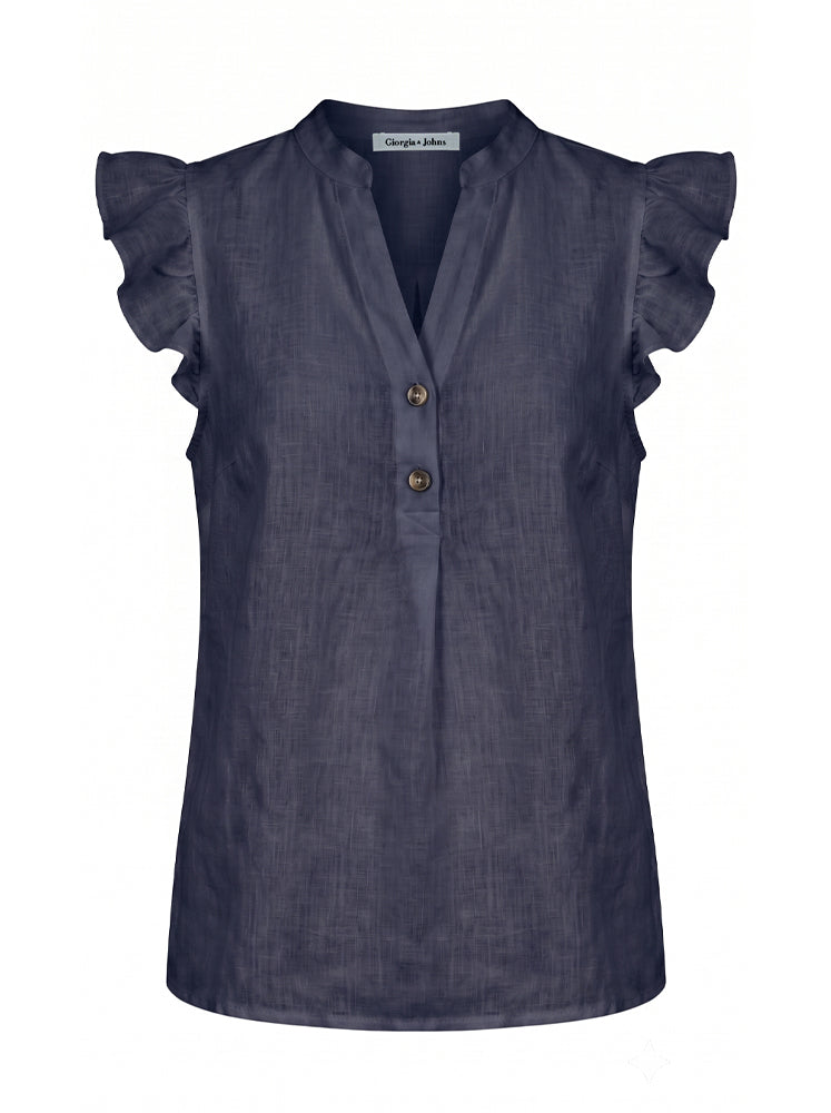Blusa smanicata in lino con volant