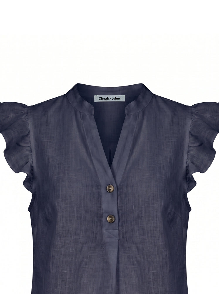 Blusa smanicata in lino con volant