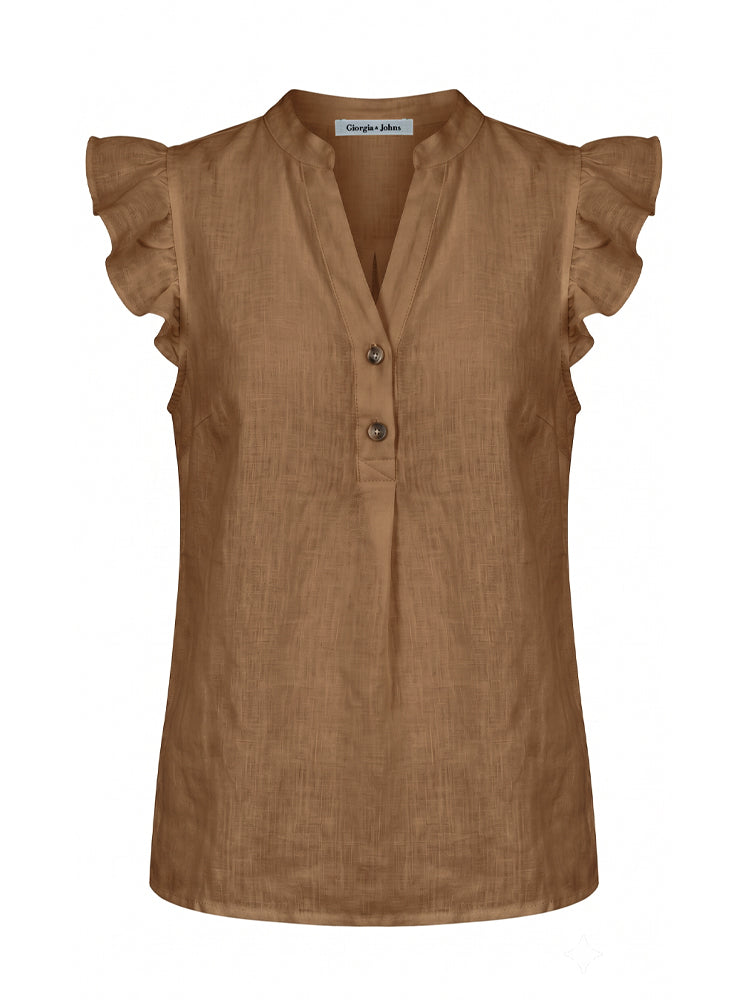 Blusa smanicata in lino con volant