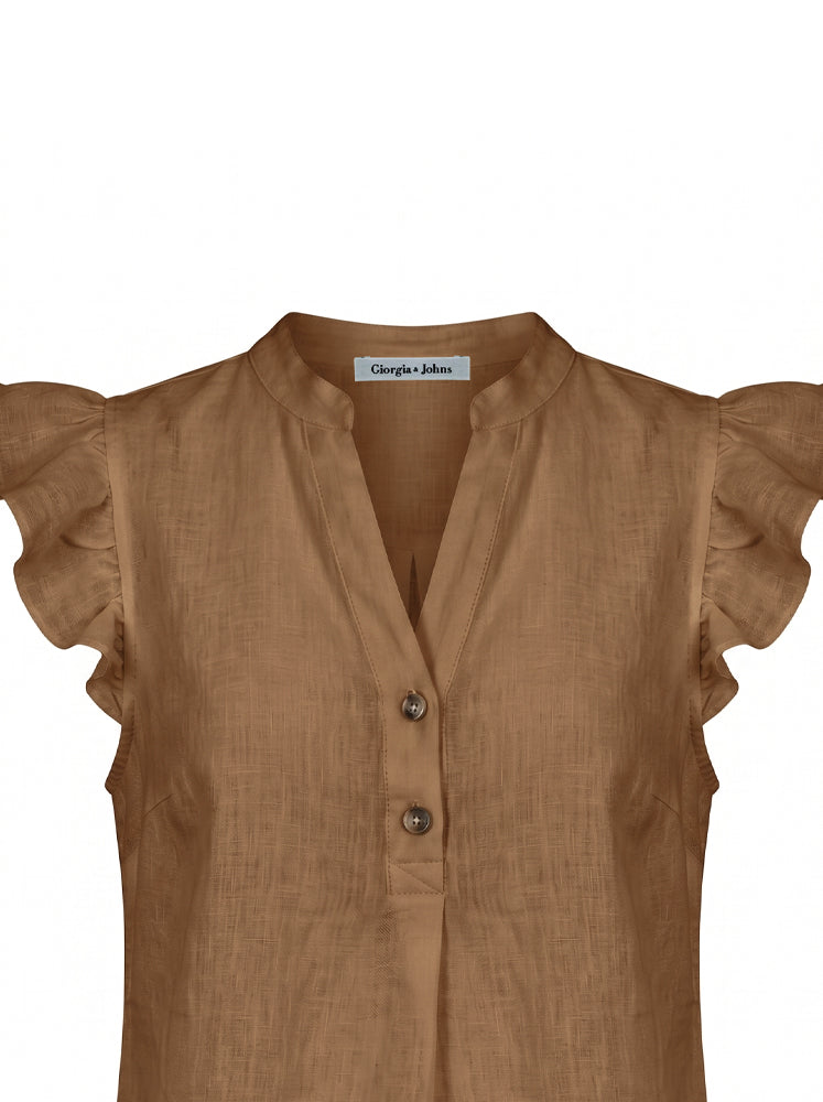 Blusa smanicata in lino con volant