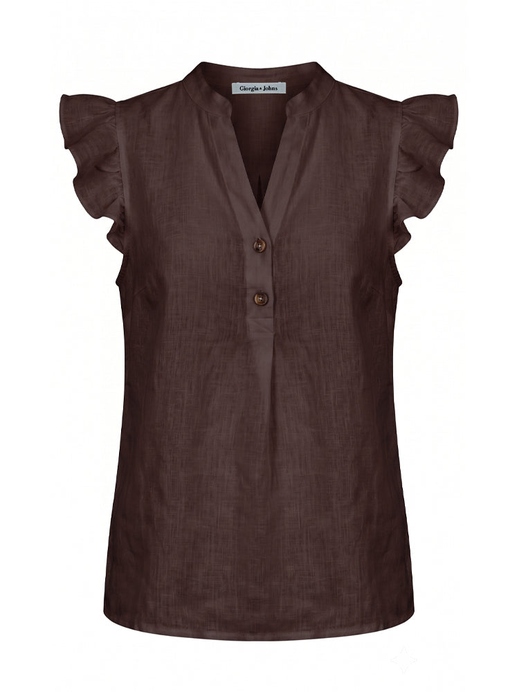 Blusa smanicata in lino con volant