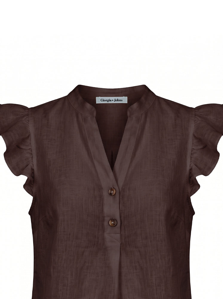 Blusa smanicata in lino con volant