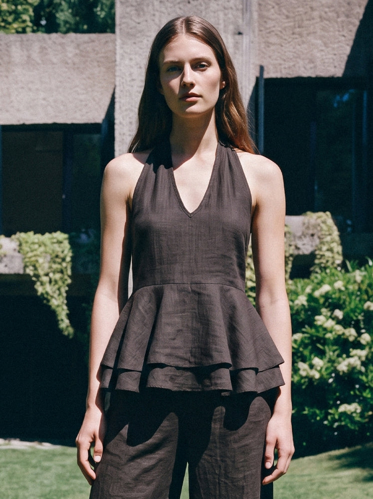 Top halter lino con balze